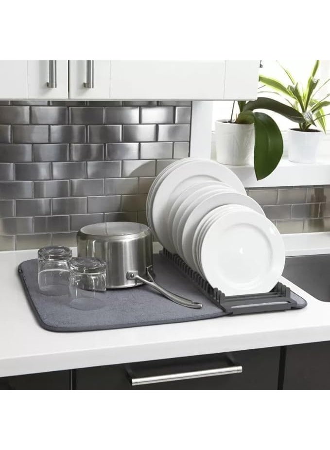 رف تجفيف أطباق مع حصيرة من الألياف الدقيقة، صينية رف أطباق قابلة للإزالة، رف تجفيف أطباق وحصيرة تجفيف لسطح المطبخ، حوض المطبخ - لتجفيف الأكواب والأوعية والأطباق - Image 1